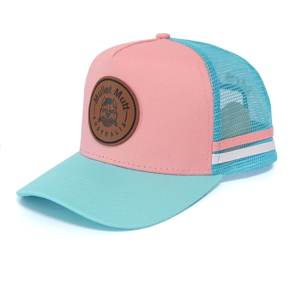 High Profile Custom Leather Patch Logo 5 Panels Trucker Cap