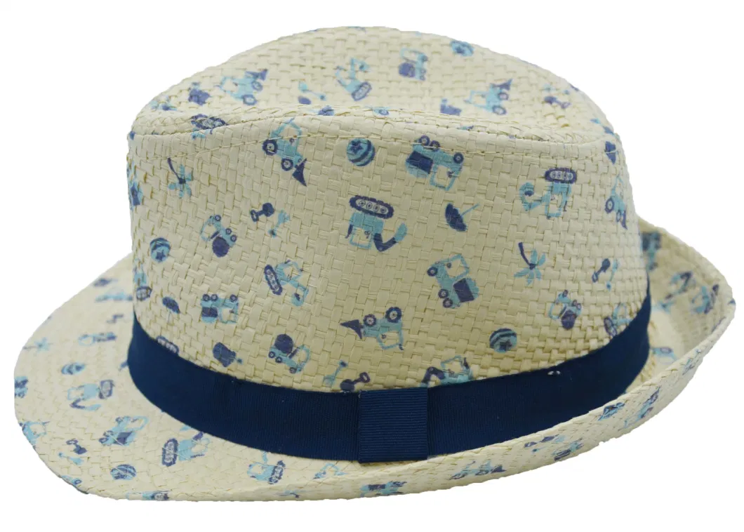 Wholesale Beige Children Straw Hats with Full Print Pattern and Fashion Tape BSCI, Oeko Tex