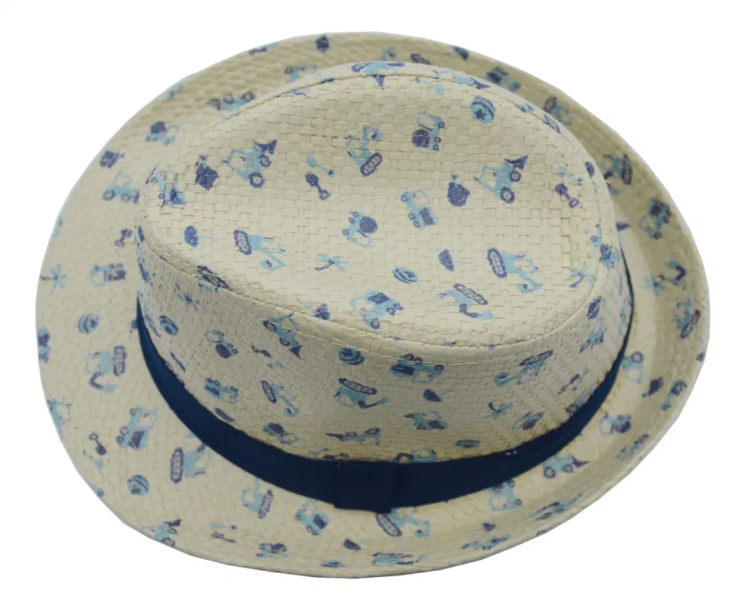 Wholesale Beige Children Straw Hats with Full Print Pattern and Fashion Tape BSCI, Oeko Tex