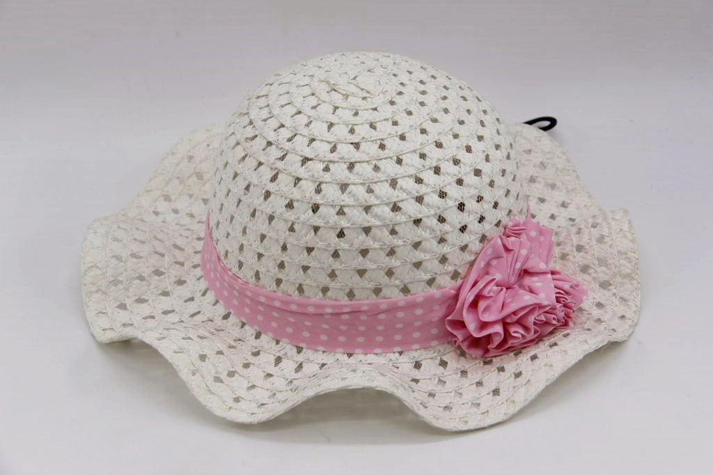 Baby Cute PP Straw Hat with Ribbon Bow Child Sunshade Cap with Wave Brim